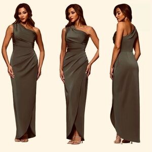XSCAPE One Shoulder Moss Green Grecian Rusched Gown Dress Size 6  
NEW WITH-TAG
